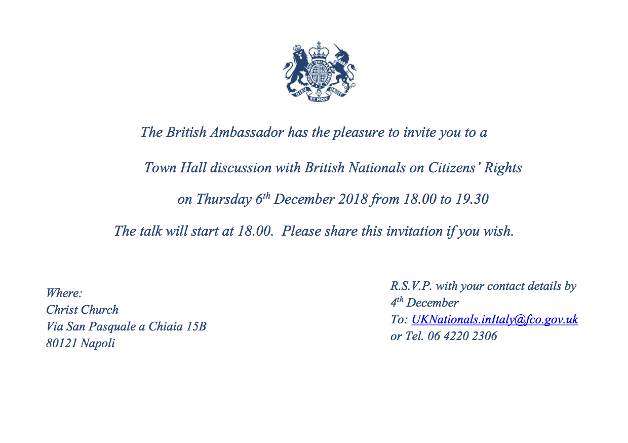 Naples: Town Hall discussion with British nationals on Citizens’ Rights – Thursday 6 December