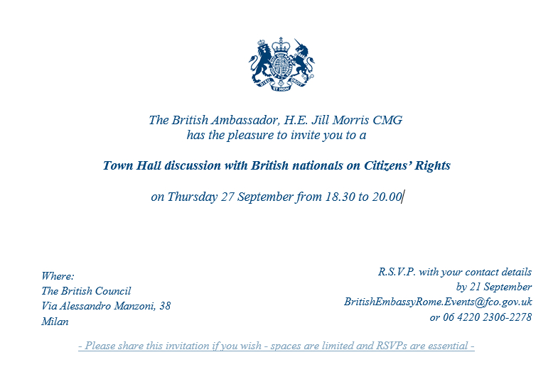 Town Hall discussion with British nationals on Citizens’ Rights – Thursday 27 September from 6:30pm & 8:30pm in Milan