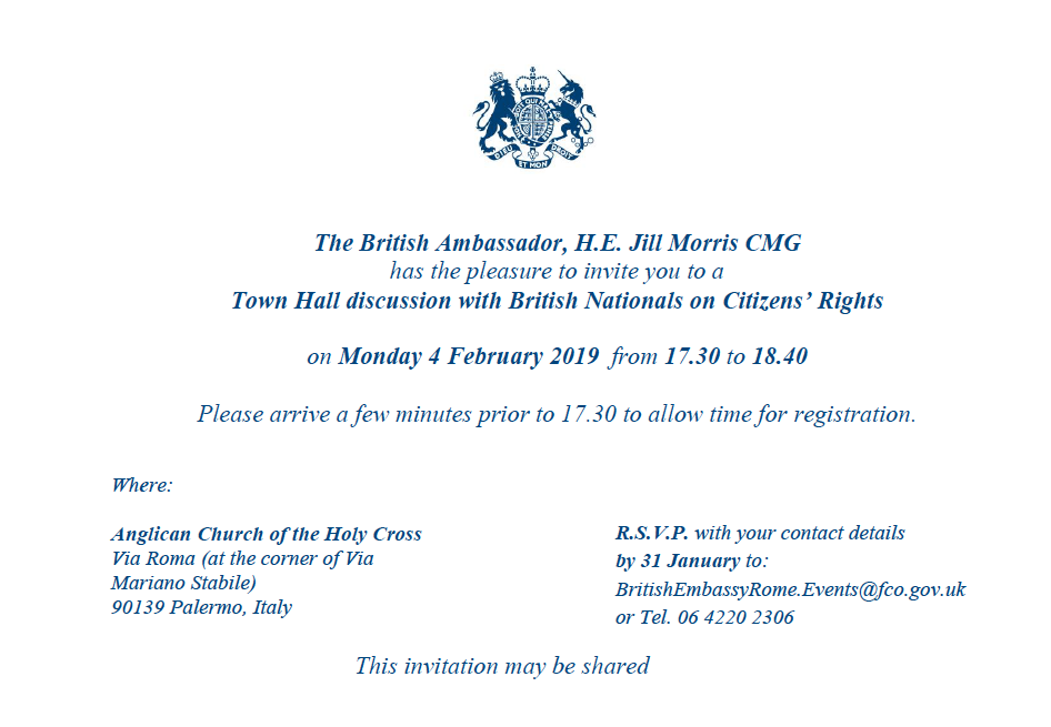 Palermo: Town Hall discussion with British nationals on Citizens’ Rights – Monday 4 February from 5:30pm to 6:40pm