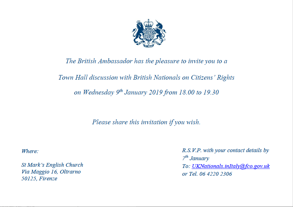 Florence: Town Hall Discussion with British nationals on Citizens’ Rights – Wednesday 9 January 2019 from 6:00pm to 7:30pm